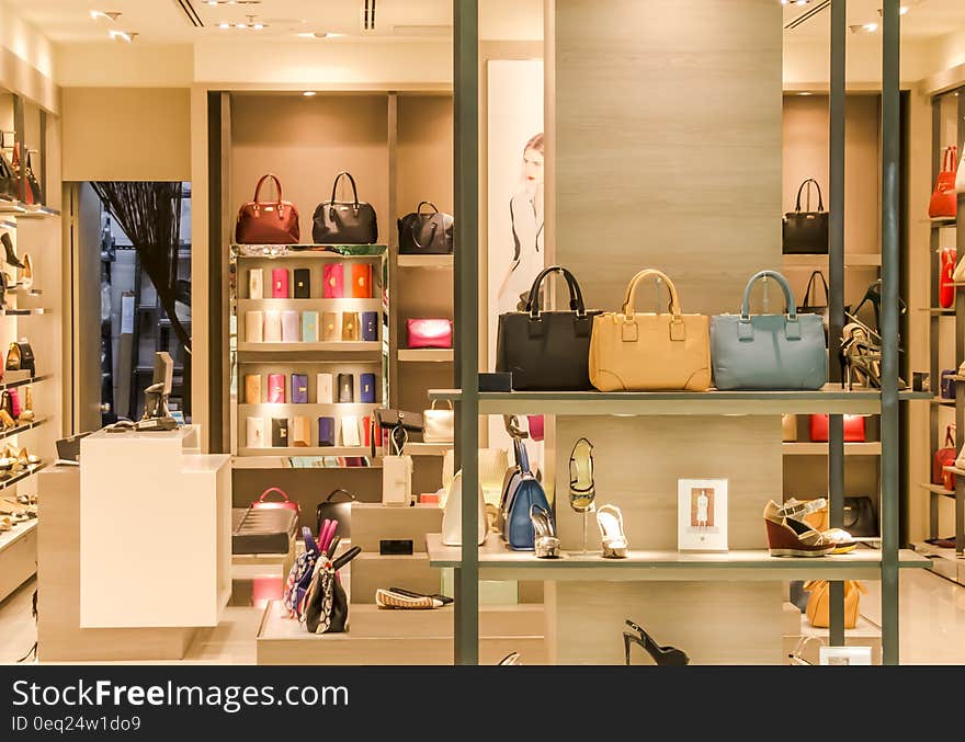 Shelves displaying leather purses and shoes in fashion boutique. Shelves displaying leather purses and shoes in fashion boutique.