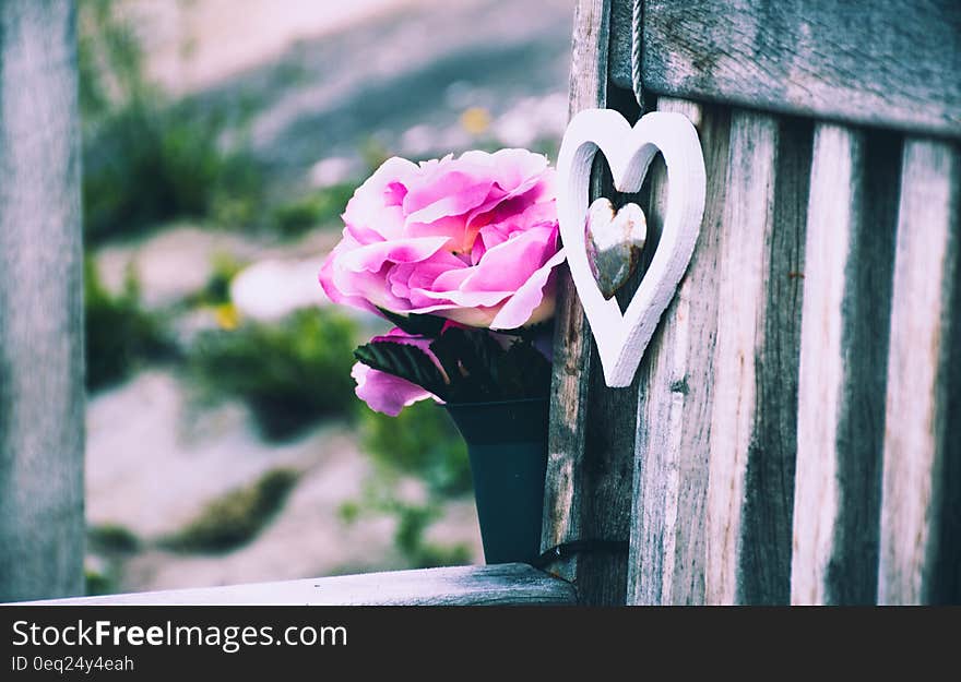 Wooden heart and flower on wooden bench. Wooden heart and flower on wooden bench.