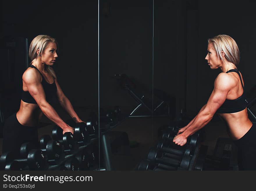 Athletic woman lifting free weights in gym. Athletic woman lifting free weights in gym.