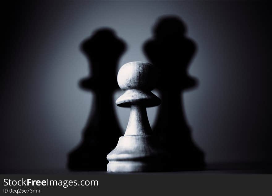 White wooden pawn in front of shadow of king and queen pieces. White wooden pawn in front of shadow of king and queen pieces.