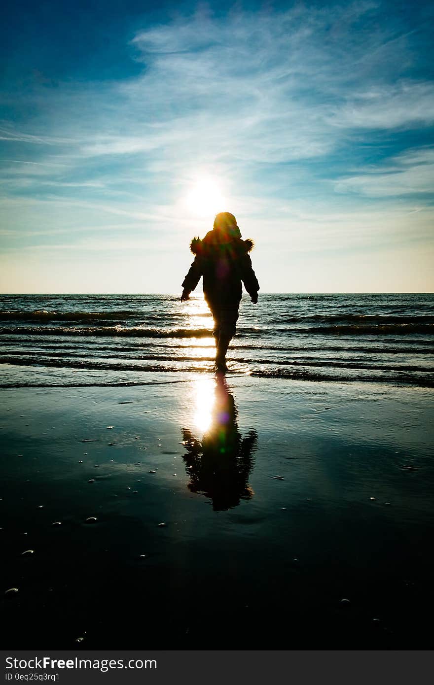 Silhouette of child walking on breach at sundown. Silhouette of child walking on breach at sundown.