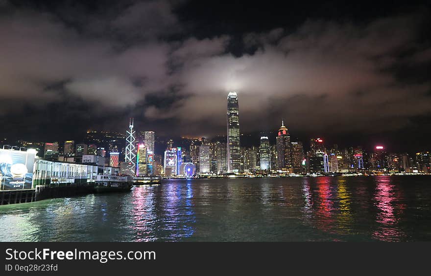 Panoramic Shot of Lighted City Buildings during Night