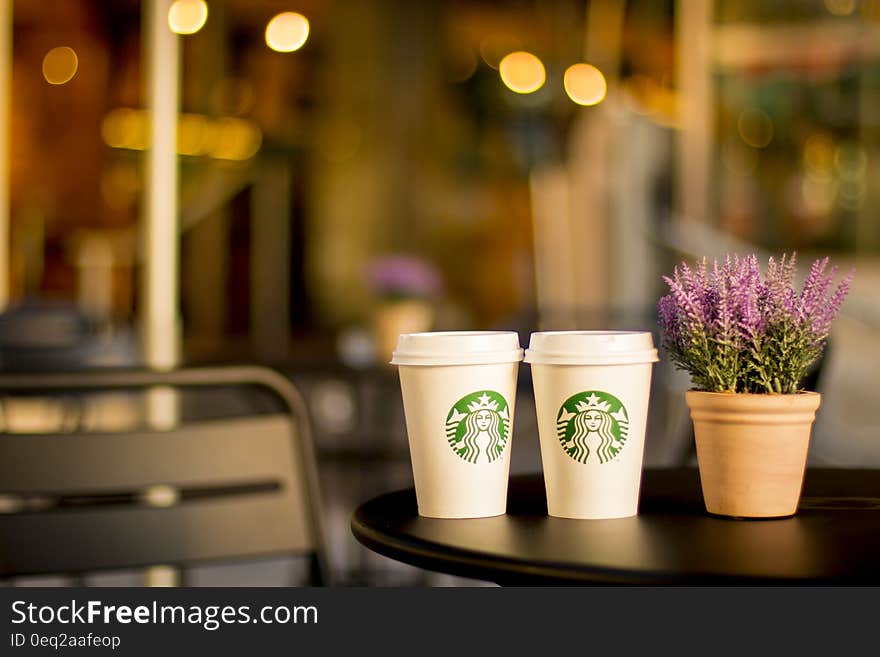 Starbucks coffee cups on patio table with potted plant.