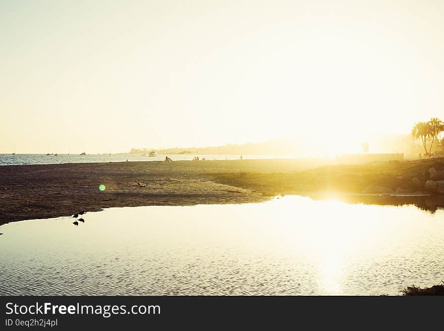 Sunlight reflecting on the water surface on a sandy beach. Sunlight reflecting on the water surface on a sandy beach.