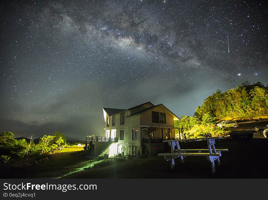 White Wall Paint House Under the Dark Sky With Stars