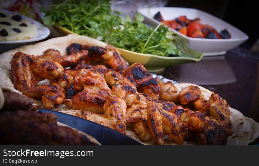 Chicken Grill on White Tray Near Green Leaf Vegetable Food