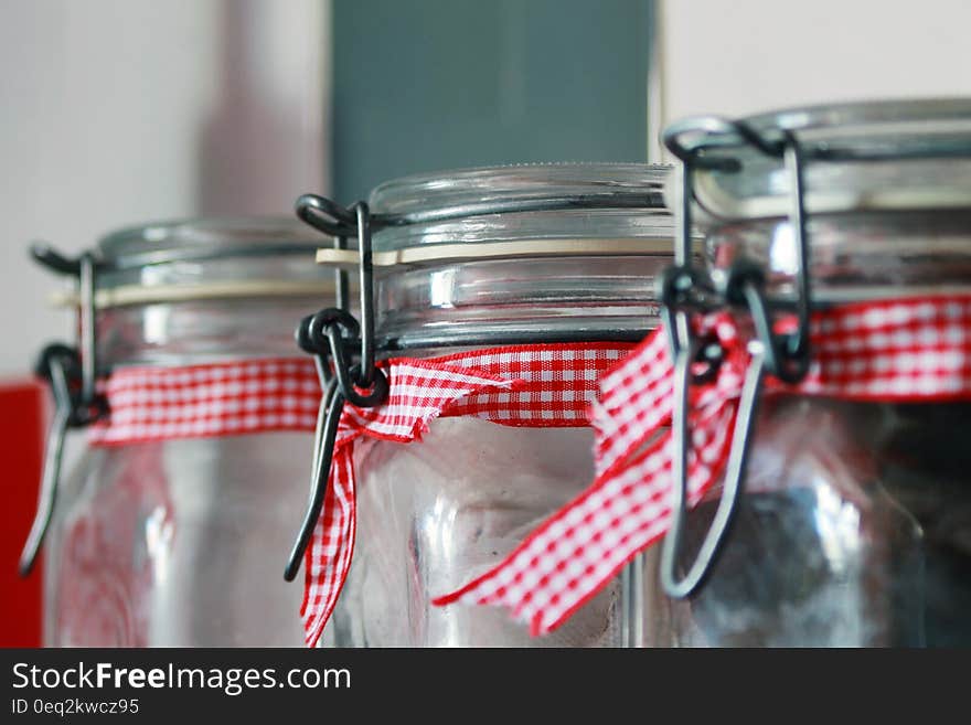 Clear Glass Mason Jar With Red White Ribbon