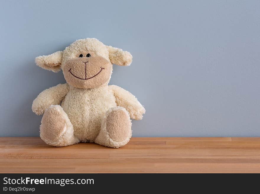 A plush animal sitting against the wall.