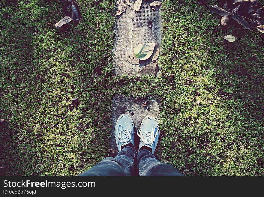 Person Standing on Gray Stone Surrounded by Green Grass during Daytime