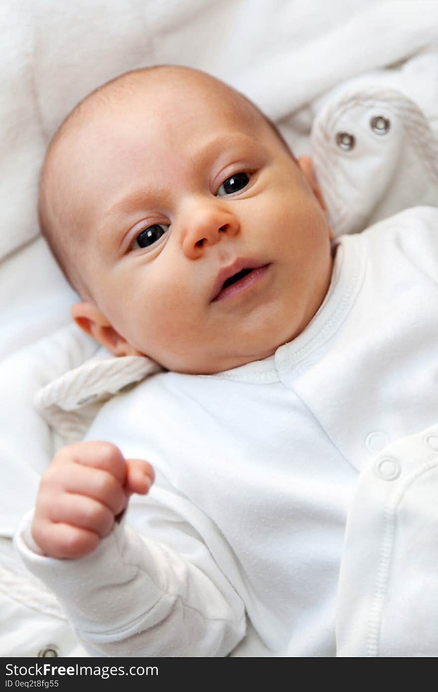 A close up of a newborn baby lying on its back.