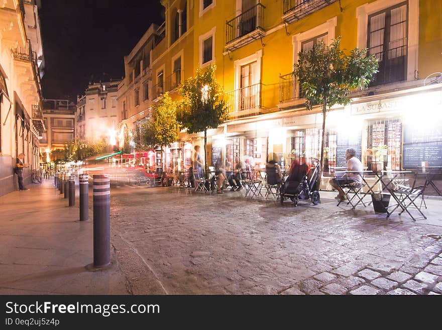 A small street with cafeterias at night. A small street with cafeterias at night