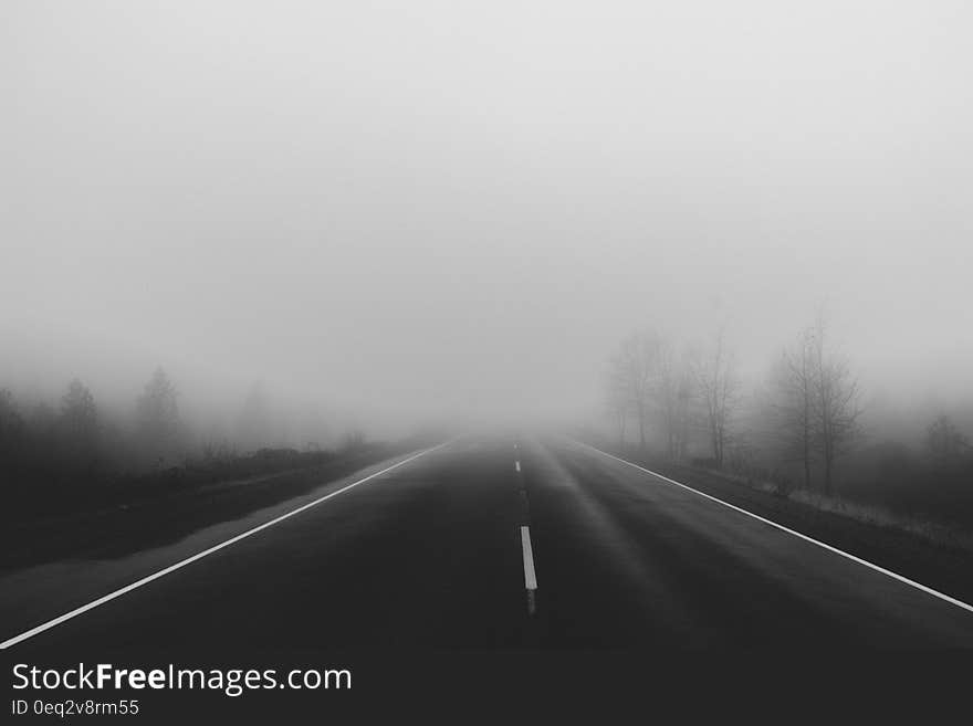 Monochrome photo of a foggy road ahead.