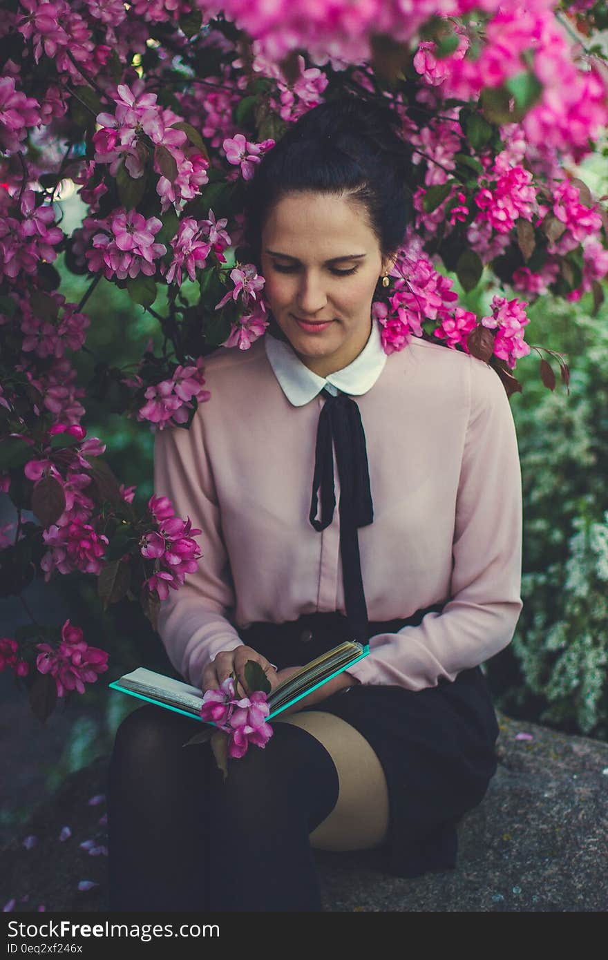 Woman Wearing White Dress Sitting Under Red Petaled Flower