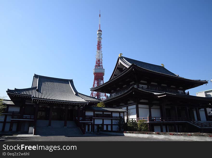 Tokyo Tower Behind Black and White Dojo Building during Daytime