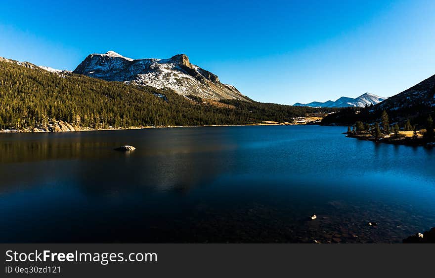 Calm Water Near Green Tress Under Snow-capped Mountain and Blue Sky