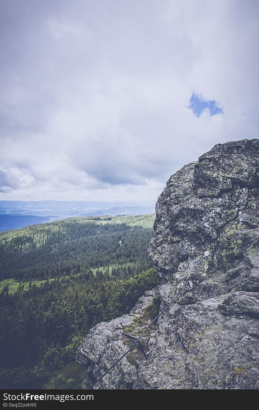 Rocky mountain top and forests in the background