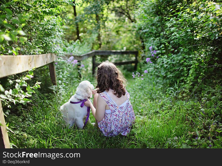 Girl and Puppy Sitting on Green Grass Surrounded With Shrubs during Daytime