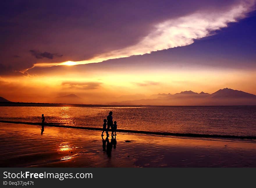 Silhouette of People Walking on Seashore Under Gray and White Clouds during Daytime