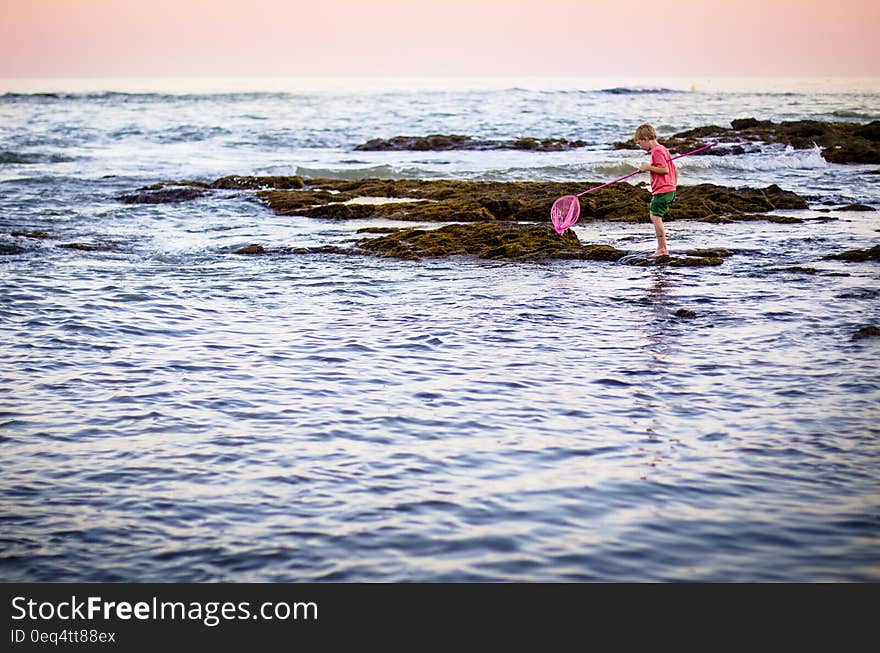 Little boy fishing at the seaside