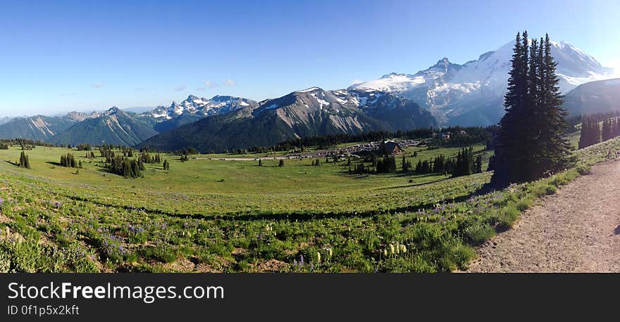 Panorama of Sunrise, Mt. Rainier, near the Sourdough Ridge