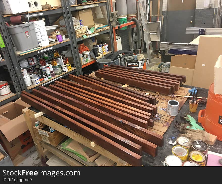 Hickory and 2x4 furniture WIP. Dyed the hickory Dec 17; stained and polyurethaned the 2x4&#x27;s, and clear-coated the hickory with a HPLV sprayer/polycrylic dec 24 and 25.