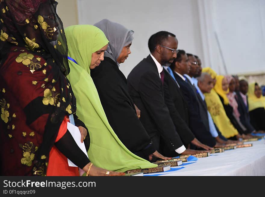 New parliamentarians are sworn in during an inauguration ceremony for members of Somalia&#x27;s Upper House and the House of the People in Mogadishu on December 27, 2016. AMISOM Photo / Ilyas Ahmed. New parliamentarians are sworn in during an inauguration ceremony for members of Somalia&#x27;s Upper House and the House of the People in Mogadishu on December 27, 2016. AMISOM Photo / Ilyas Ahmed