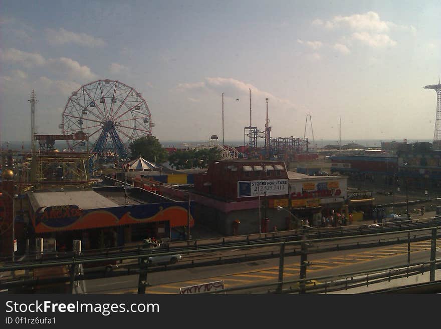 Amusement park skyline at daytime from outside.