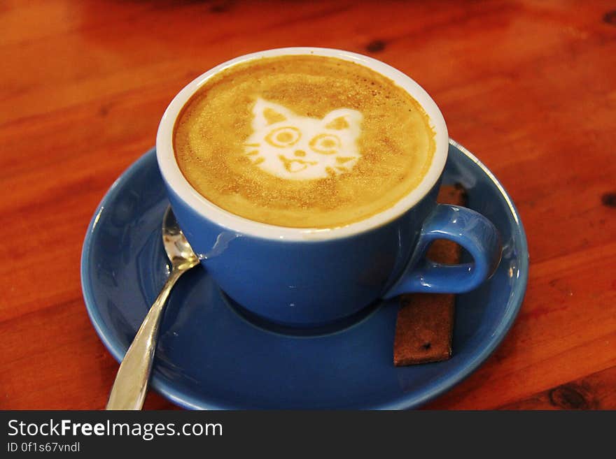 A cup of coffee with latte art of a cat.