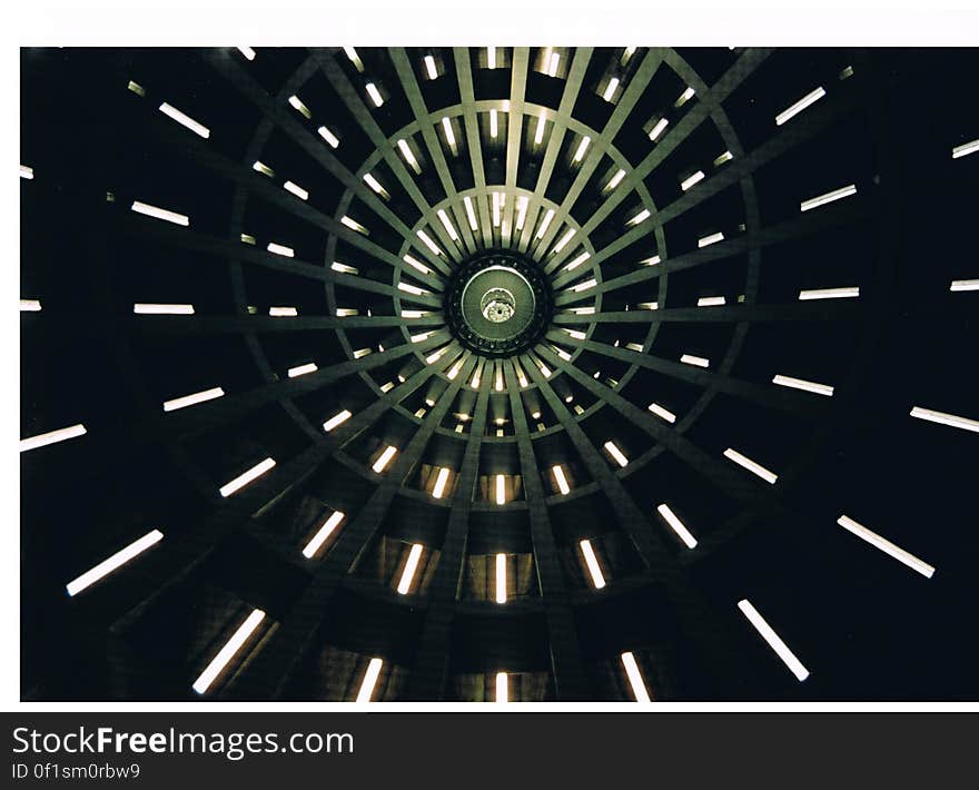 The dome of a building with lighting seen from below. The dome of a building with lighting seen from below.