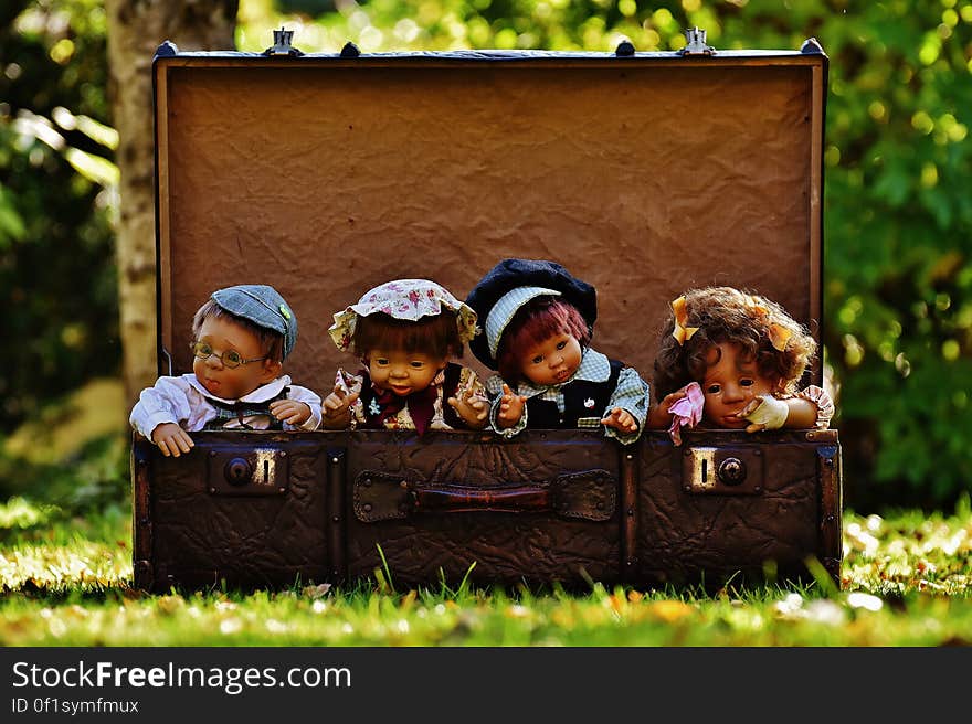 4 Porcelain Dolls in Brown Rectangular Box