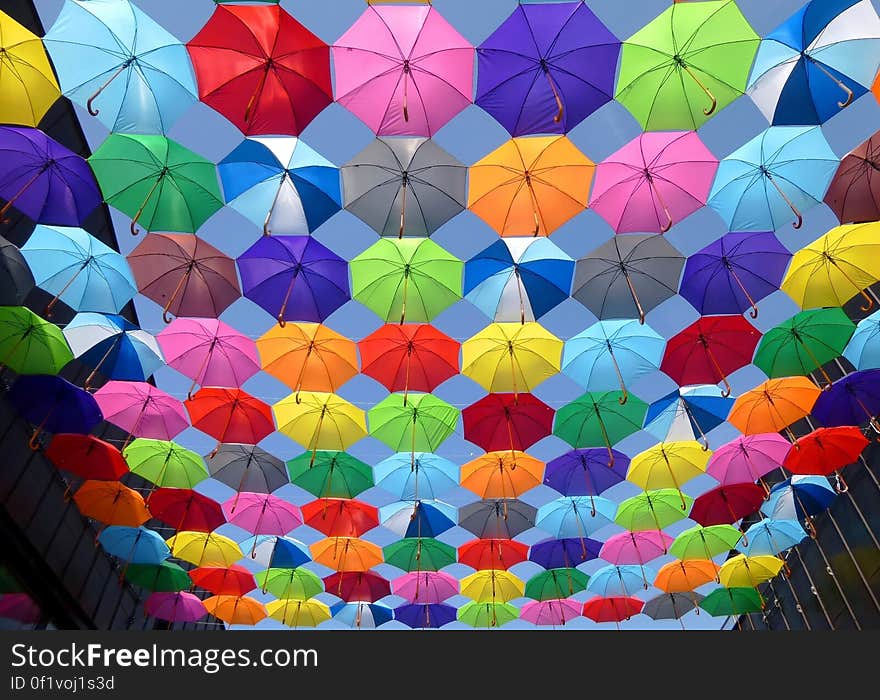 Yellow Blue Red Pink Purple Green Multicolored Open Umbrellas Hanging on Strings Under Blue Sky