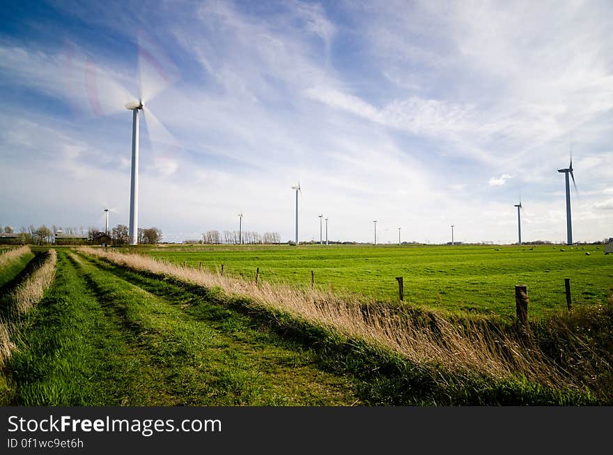 Wind Farm on Green Grass Pastures