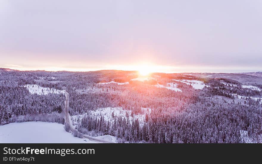 A view of forests in the hillside covered in snow at sunset. A view of forests in the hillside covered in snow at sunset.