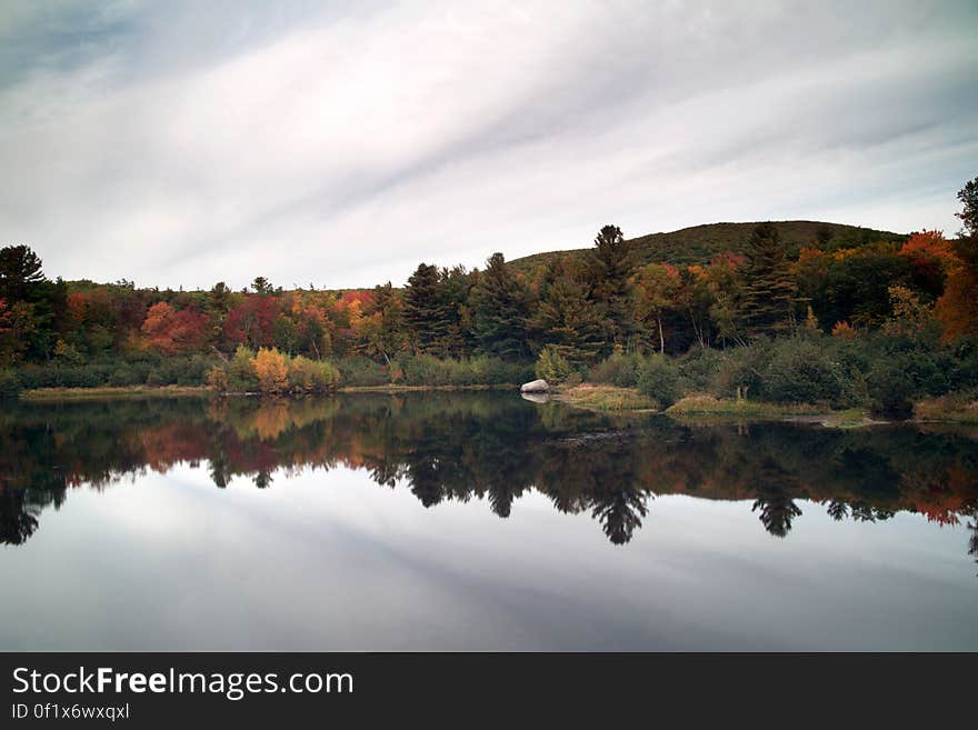 Scenic view of autumn trees reflecting on countryside lake. Scenic view of autumn trees reflecting on countryside lake.