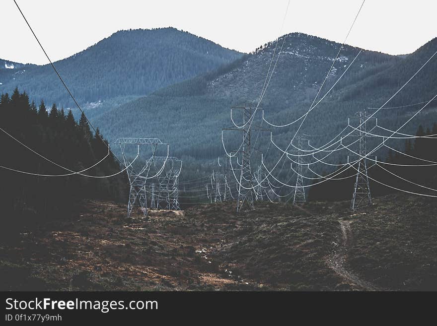 Electricity pylons receding with forested mountains in background. Electricity pylons receding with forested mountains in background.