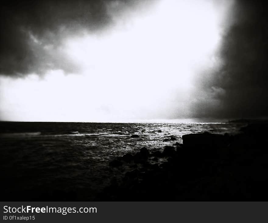 A seashore in black and white.