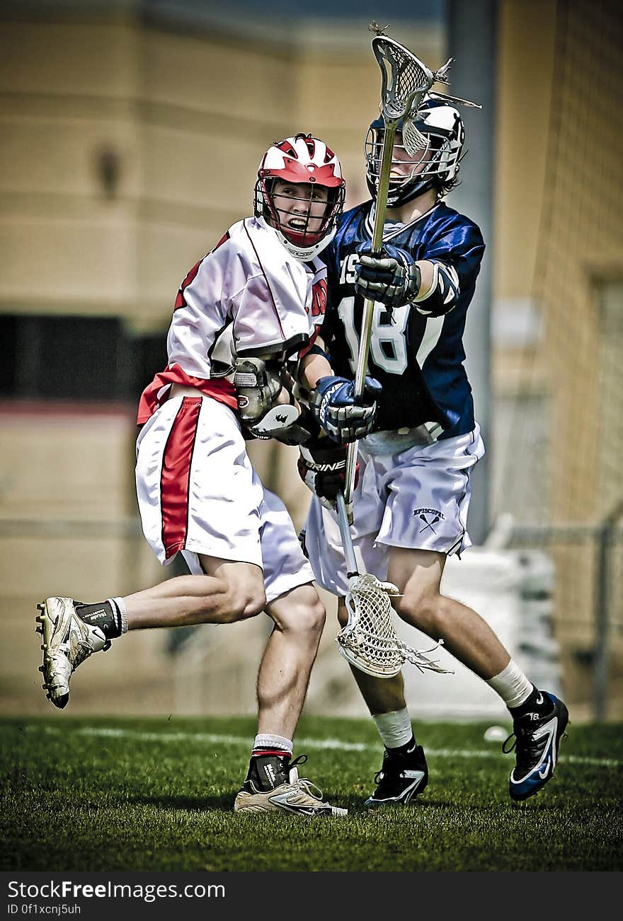 Two American men challenging for the ball in game of lacrosse. Two American men challenging for the ball in game of lacrosse.