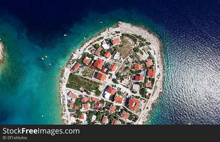 Aerial view of houses on small island in Croatia.