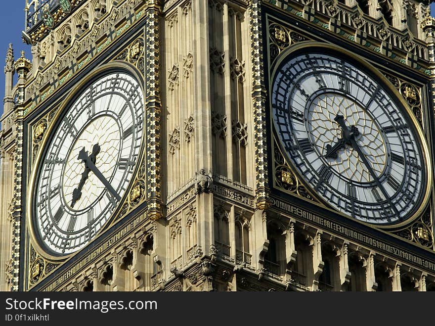 A close up of Big Ben, the clock on the Elizabeth tower or the clocktower of the Palace of Westminster in London.