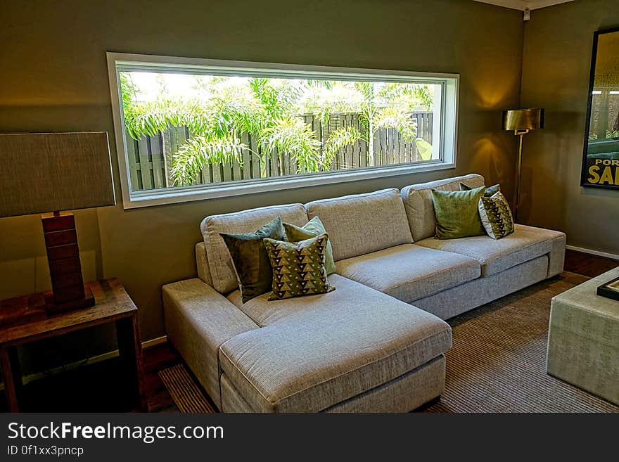 A view of a contemporary apartment living room with a sofa.