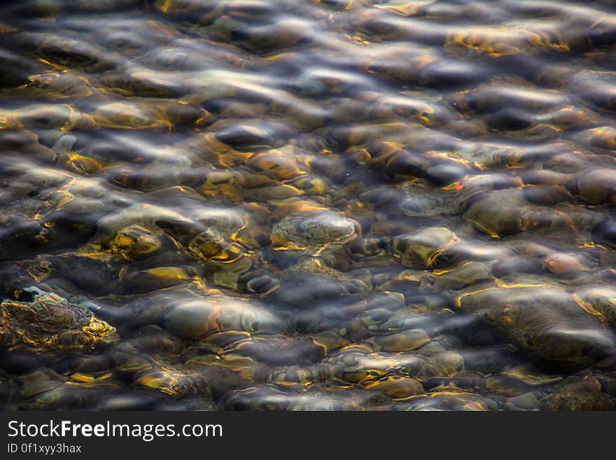 Closeup of shallow ocean waves over rocks and pebbles with golden sunlight reflection at sunset.