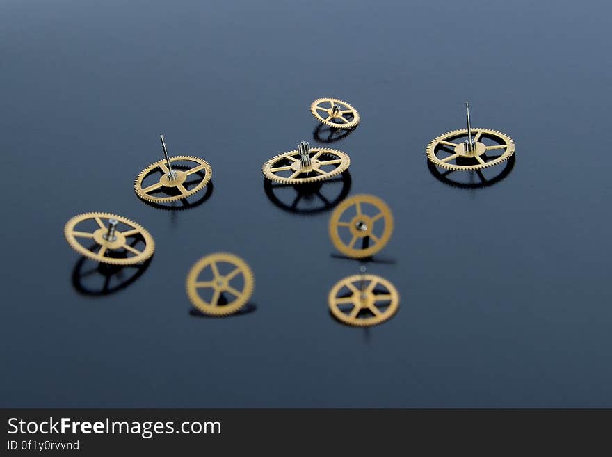 A collection of various gears on a table. A collection of various gears on a table.