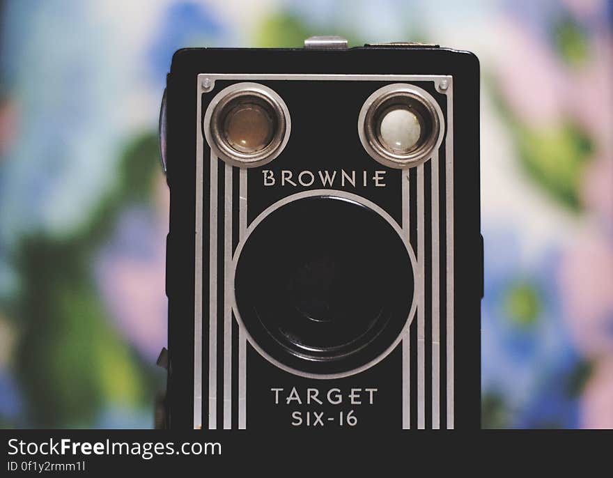 A close up of a Brownie Target Six-16 vintage camera. A close up of a Brownie Target Six-16 vintage camera.