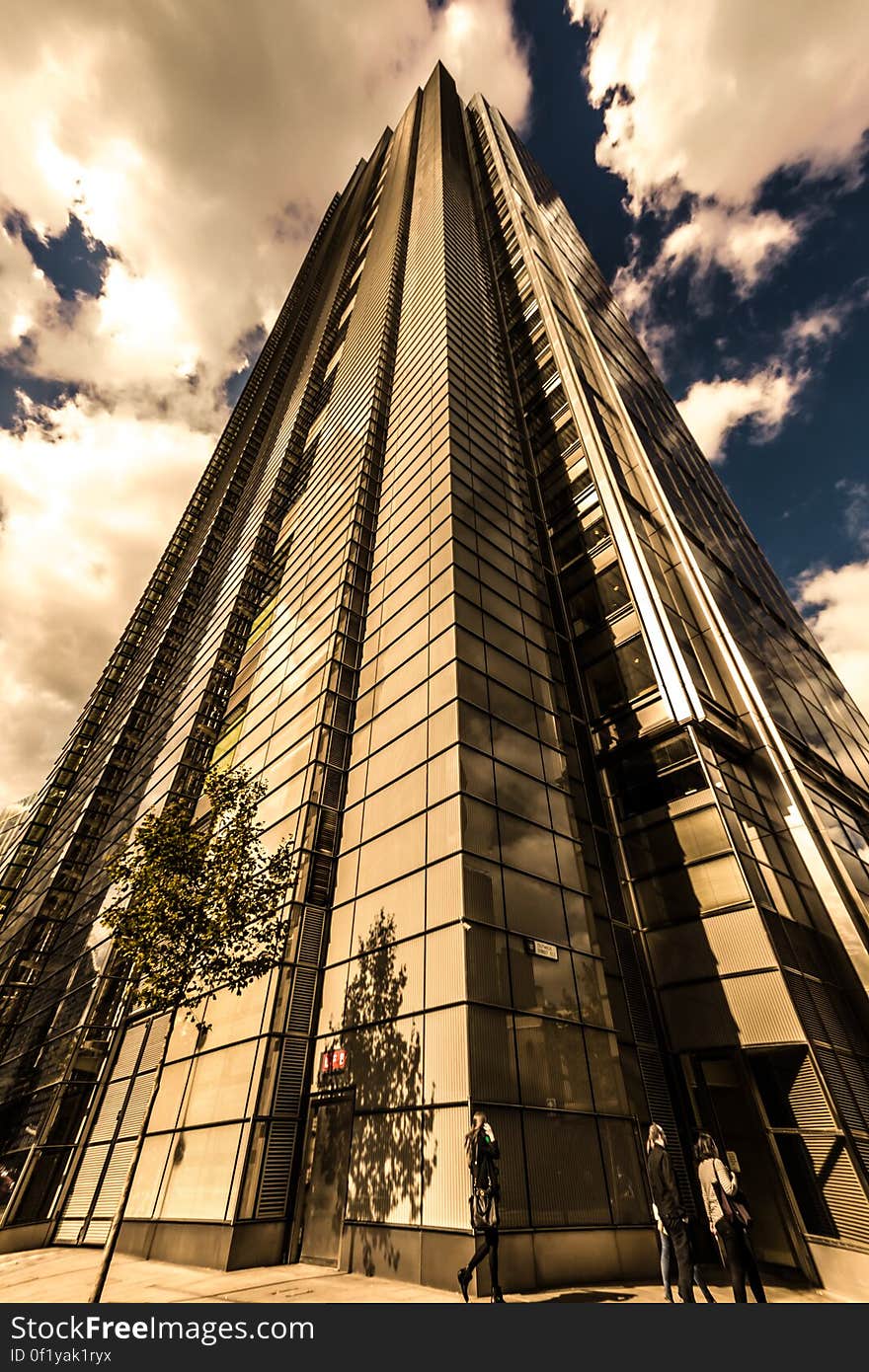 A frog's eye view of a modern skyscraper. A frog's eye view of a modern skyscraper.