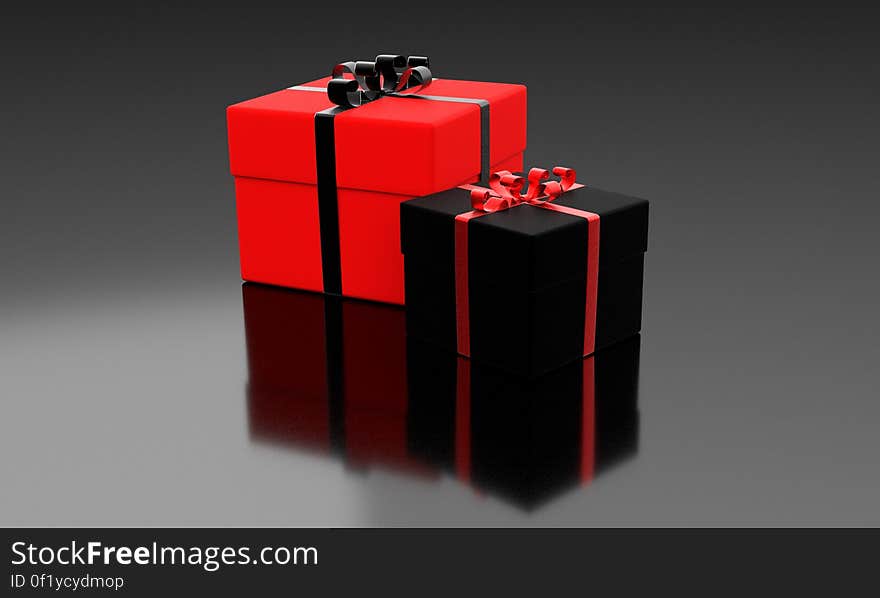 An illustration of black and red wrapped gift boxes.