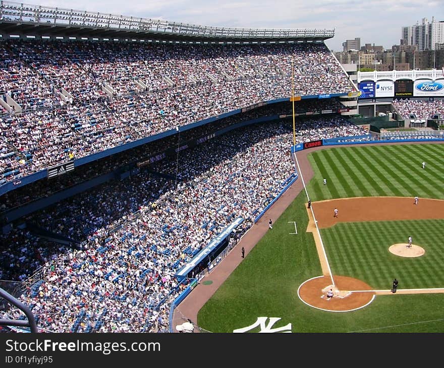 A view inside the Yankee Stadium in New York City, USA, with an ongoing baseball game.