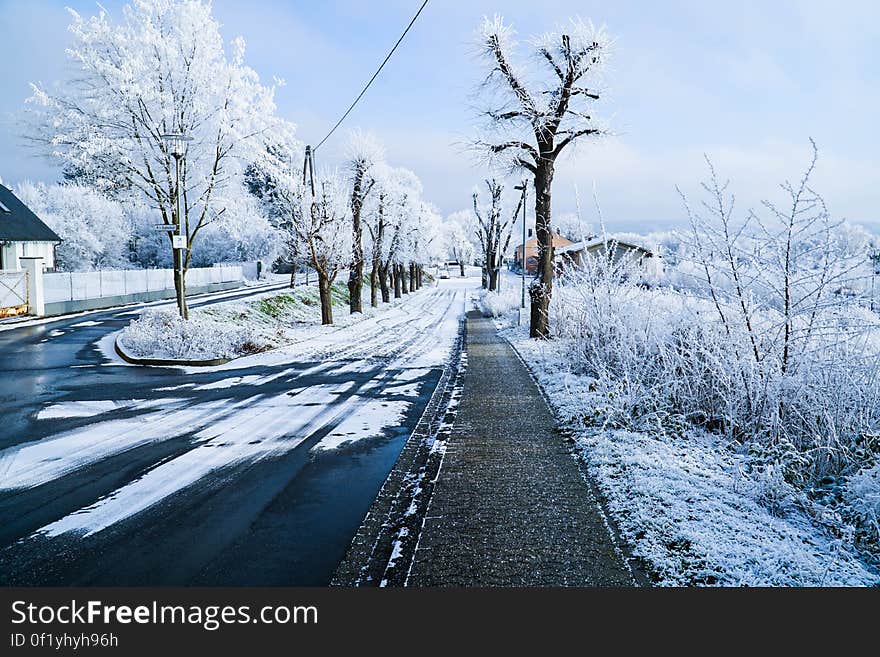 A road passing through a snowy landscape. A road passing through a snowy landscape.