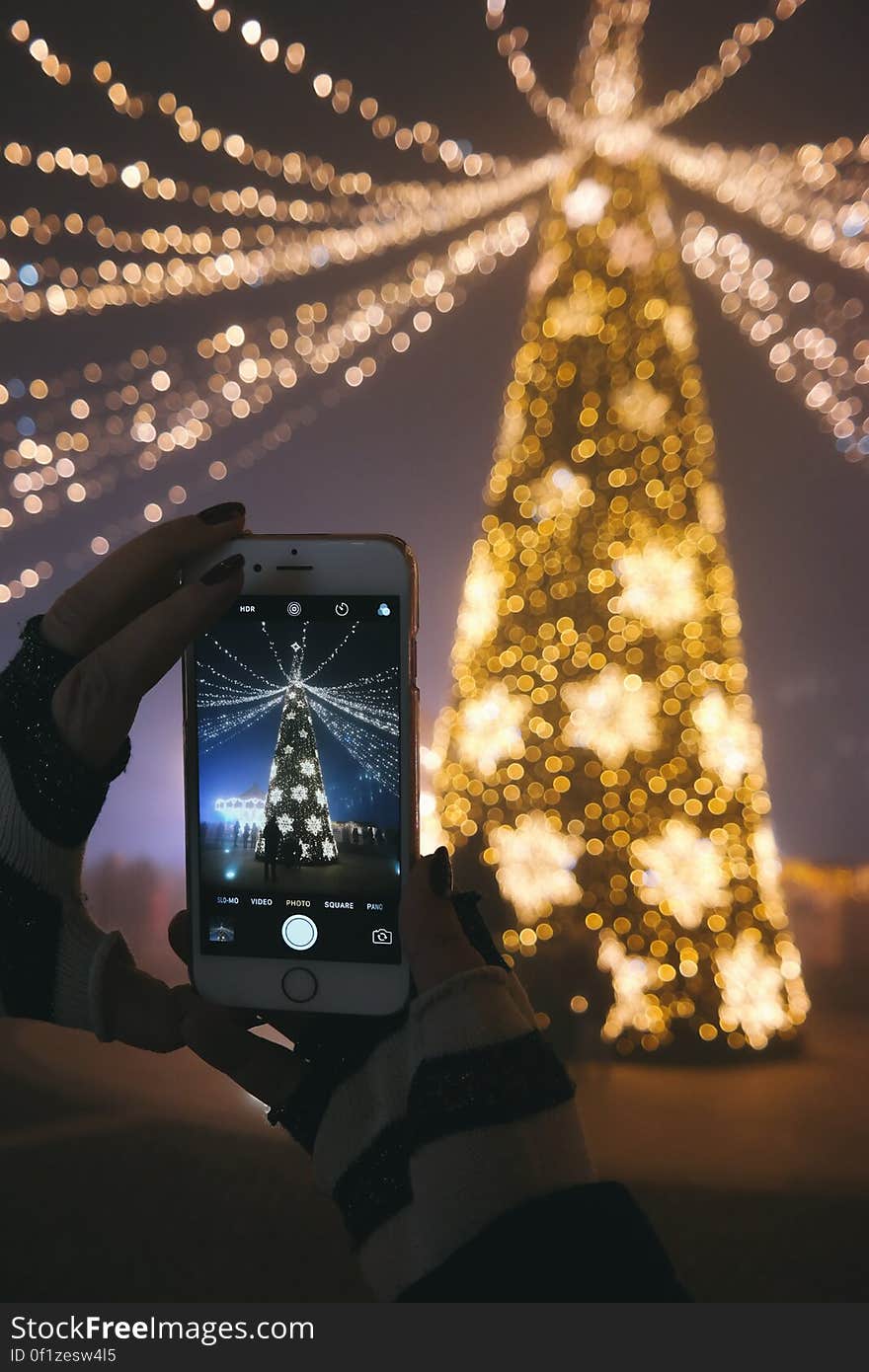 A person photographing a Christmas tree with a smartphone camera. A person photographing a Christmas tree with a smartphone camera.