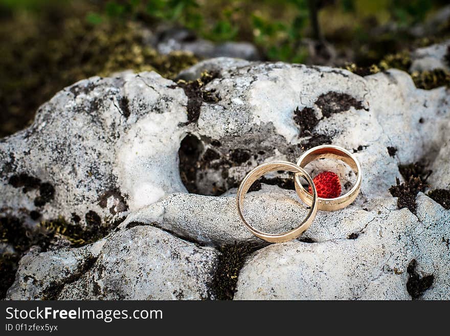 Wedding rings on a rock, one of them surrounding a strawberry. Wedding rings on a rock, one of them surrounding a strawberry.