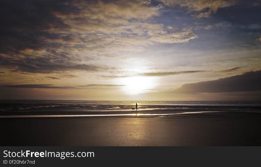 Here is a photograph I took of a man walking the dog during a sunset on Cleveleys Beach.